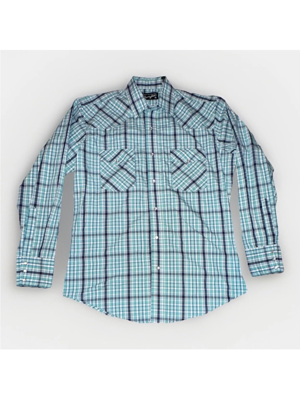 Wrangler Turquoise and Navy Plaid Pearl Snap Button-Down Shirt
